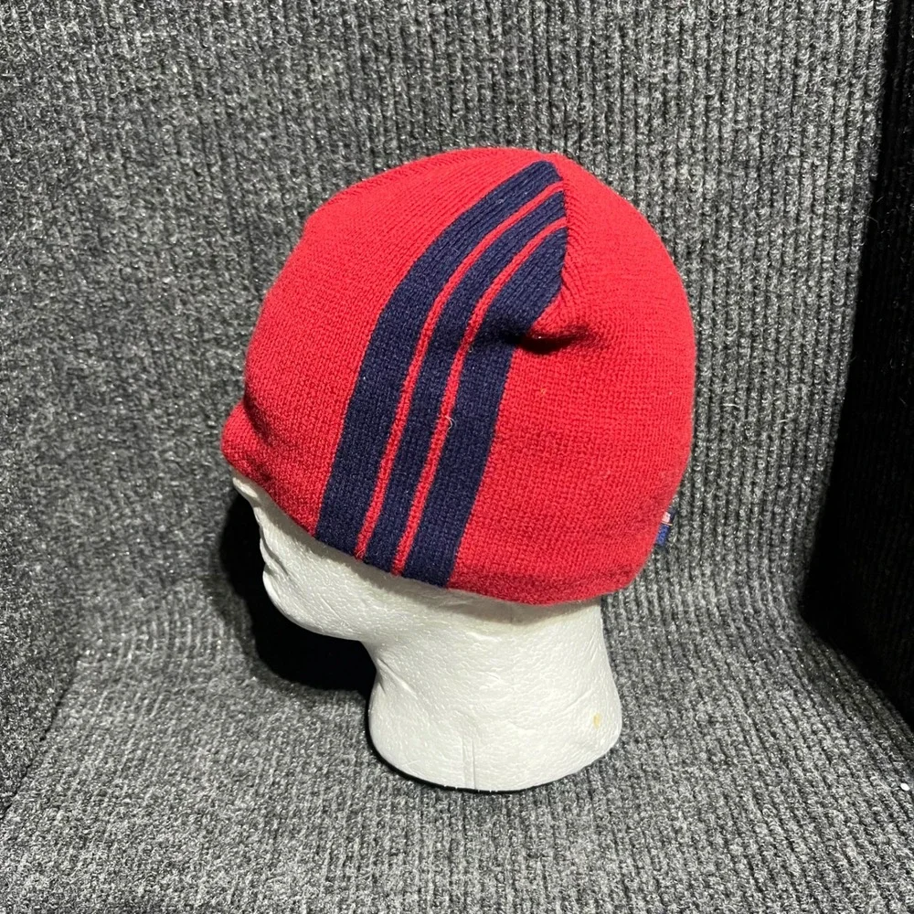 Vintage Polo Sport Beanie Mens OSFM Red Navy Blue Lambswool Fleece Lined Stripe